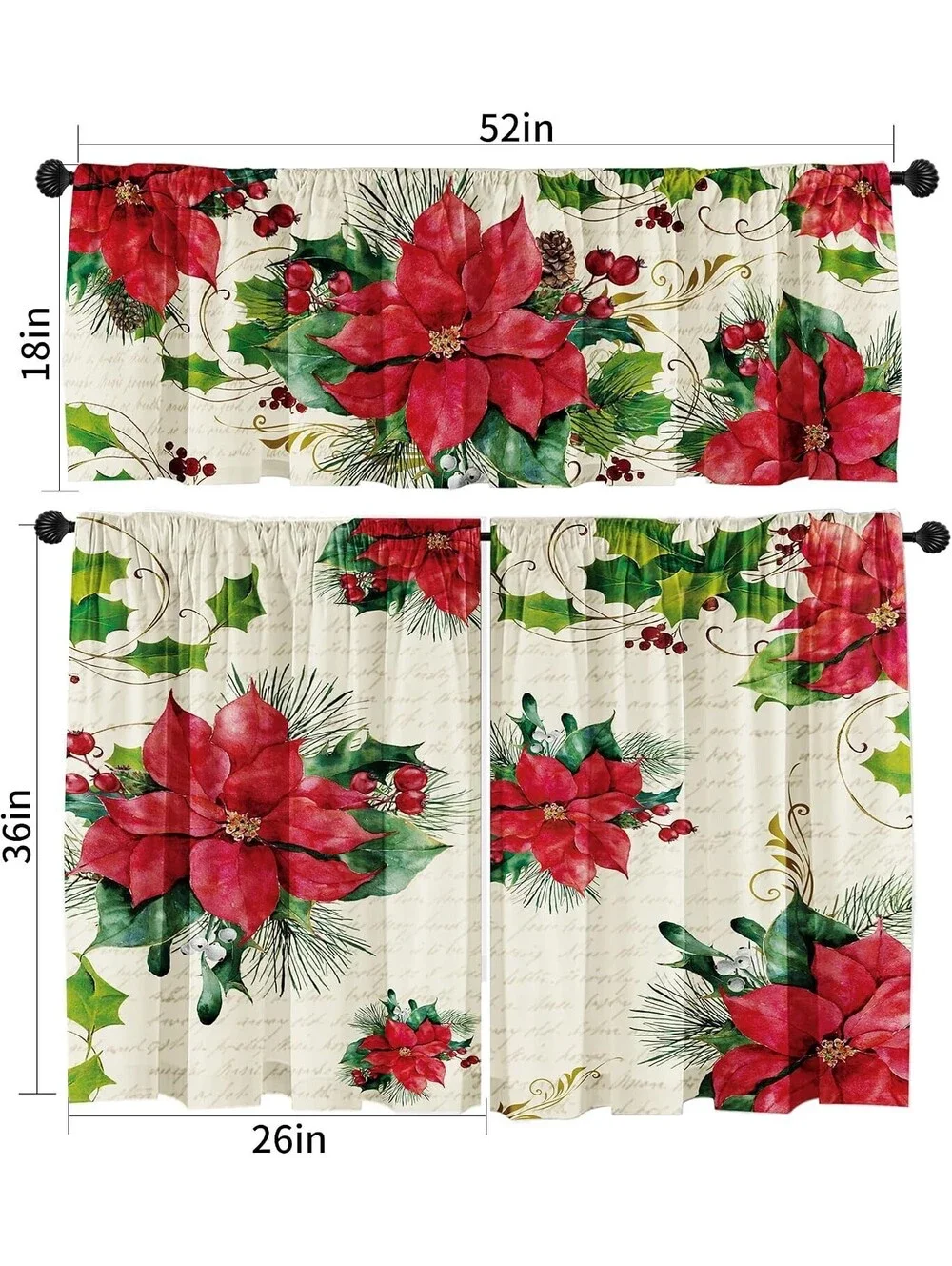 Poinsettia Christmas Curtain Valances Set, Upper & Lower Curtains